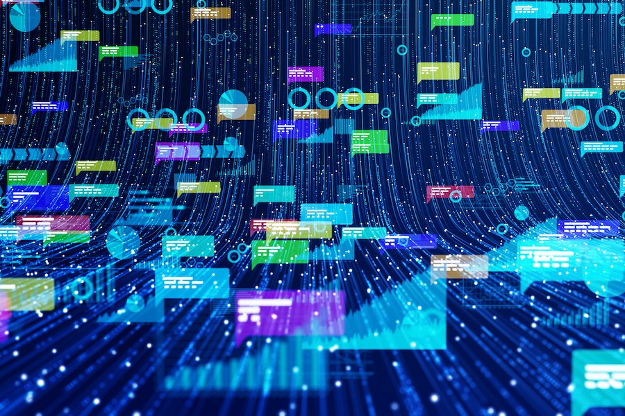 Close-up of data on a network flowing on a black background.